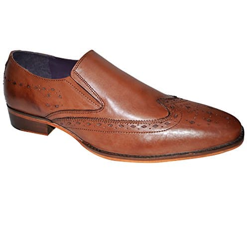 Gucinari Mens 100% Leather Formal Brogue Business Slip On Shoes (7 UK / 41 EU, Tan)