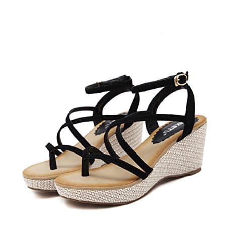 Ruanlei@Summer Sandals/Beach Sandals for Women/Flat Sandals/Sandals Pearls/Wedge Dress SandalsFine with a slope with female shoes, Black,40