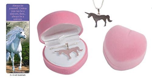 Girl's silver unicorn necklace in pink velour heart jewelry box gift set with unicorn quote bookmark