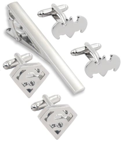 Batman and Superman Stainless Steel Cufflinks Including a Tie Clip (Silver Tone)