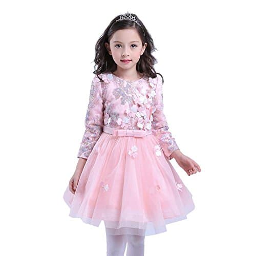 Flower Girls Dresses Children Tulle Chiffon Wedding Birthday Party Princess Kids Bridesmaid Christening . Pink . 140Cm