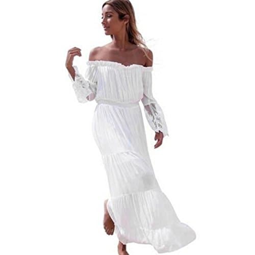 Sunday Women Dress Lace Strapless Beach Summer Long Sleeve Long Dress Dresses Beach Dresses Off Shoulder Ruched Loose (XL, White)