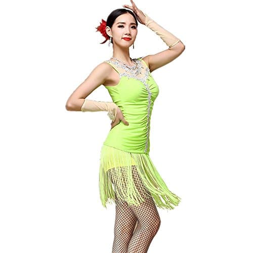 Byjia Modern Women Professional Performance Latin Dance outfit Strap Tassel Diamond Handmade costume Sequins Embroidery Dress clothes , green , m