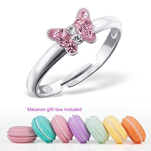 CuteCachoo - Mini macaron gift box included! Childrens adjustable crystal butterfly ring in rose pink. Quality sterling silver to fit ages 3 to 8 years.