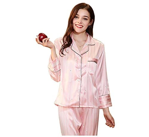 Pakamo Couples Silk Satin Pajamas Homewear Luxurious Nightwear for women Spring Autumn Ladies Pijamas Sets, pink, xl