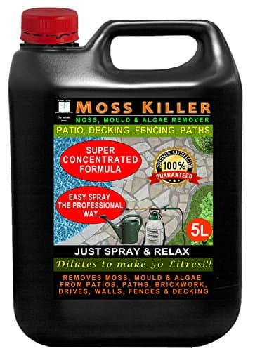 5 Litres TRADEFARMNI MOSS KILLER - Super Concentrated Liquid Green Mould, Moss and Algae Cleaner For All Hard Surfaces. Decking, Paving, Brickwork, PVC, Greenhouses, etc. Just Spray and Relax - BLACK
