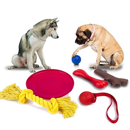 Large Dog Chew Toys - Indestructible Natural Rubber Interactive Toy (Dog Frisbee, Dog Toys Bone, Dog Ball,Dog Toys wood) & 100% Natural Cotton Rope Training Toys. Lobeve Durable Chewing Dog Toys 6 Value Pack for Medium Dogs & Large Dogs