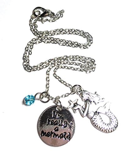 FizzyButton Gifts "I'm really a mermaid" antique silver tone charm necklace with turquoise bead in gift box