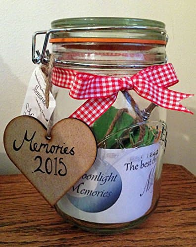 Clear Memory Jar with 'Memory Jar' Wooden Heart Tag with Buttermilk Gingham Ribbon