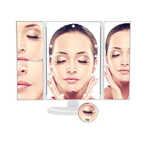 iMissiu Lighted Makeup Mirror with 21 LED Lights, 10x/3x/2x Magnification, Tri-Fold Vanity Mirro with Touch Screen, Battery and USB Powered, Portable High-Definition Travel Cosmetic Mirror (White)