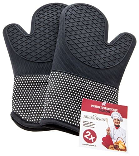 PrimeKitchen silicone and cotton 2-piece gloves, oven gloves for kitchen and grill, pot holders, 1 pair black