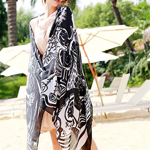SunJin new summer beach scarf scarf female large cotton scarf dual-purpose beach towel beach,Large black flowers