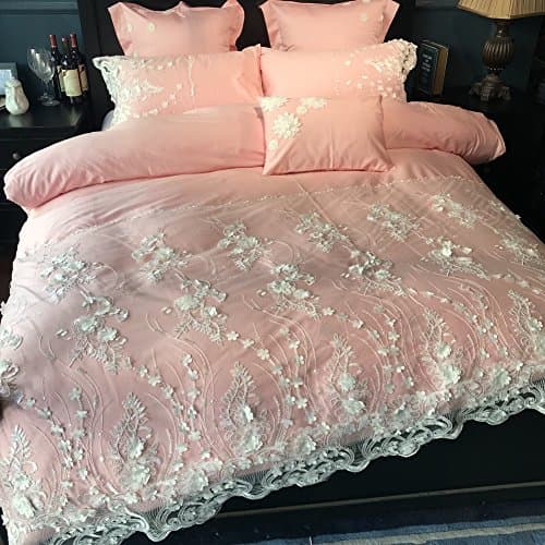 4pc Bedding set,Embellished&amp;embroidered Lace Cotton Princess style Duvet cover set Include:Quilt cover*1 Bed sheet*1 Pillowcase*2-B King