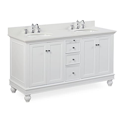 Bella 60-inch Double Bathroom Vanity (Quartz/White): Includes a White Cabinet, Quartz Countertop, Soft Close Drawers and Doors, and Ceramic Sinks