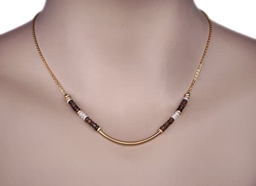 14K Gold Filled Tube Necklace, Brown & White Natural Gemstones, 14K Gold Filled Flat Curb Chain, LLD Jewelry