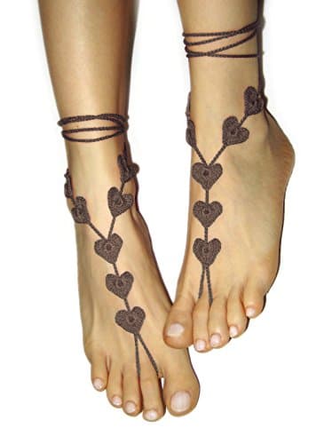 MCC Barefoot Sandals & LaceMCC Heart Shape Beach Wedding Barefoot Sandals, Anklet Foot Jewelry, Valentines Gift for Her (Brown)