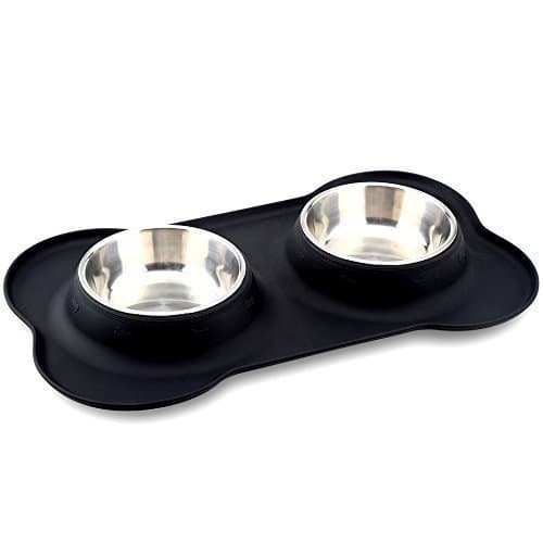 No Spill Dog Bowls - Non Skid Sturdy Unbreakable Removable Stainless Steel Bowl Set With Silicone Mat - 12 oz Feeding Station for Indoor & Outdoor Use - Perfect for Cats Dogs and Other Pets