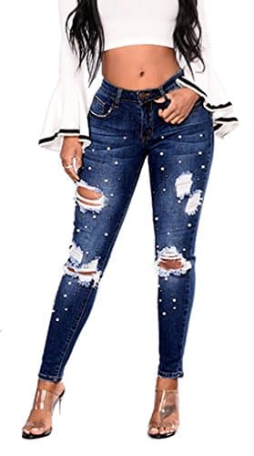 iRachel Womens Rise Ripped Denim Distressed Skinny Jeans Pearl Destroyed Pants