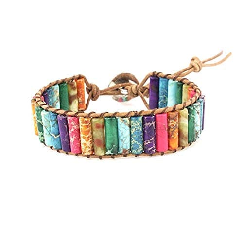 CapsA Women Men Imperial Jasper Chakra Bracelet Handmade Leather Sunflower Adjustable Wrap Bead Bracelet Friendship Gifts Handmade Bohemian Boho Woven Yoga Bead Bracelet
