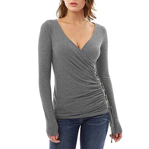 Women blouse, YISAI Women's Sexy Slim V Neck T-Shirt Ladies Long Sleeve Fashion Casual Straps Tops Shirt Blouse Tee (M, Gray)
