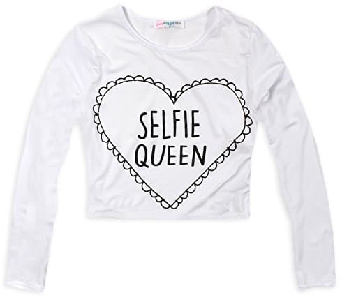 Girls 'Selfie Queen' Slogan Crop Top New Kids Long Sleeved Block Colour Tee