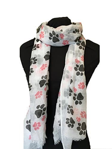 White dog paw print long scarf with frayed edge.
