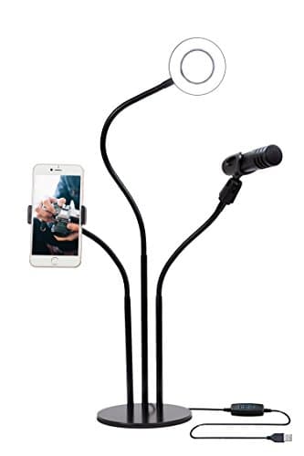 Selfie Ring Light With Cellphone Holder For Livestream videos, Table Top LED Desk Lamp With Microphone mount, Halo Lighting kit Circle iPhone Recording Gear For Makeup,Youtube,Facebook Live,Instagram