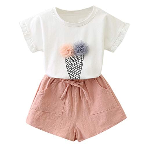 (2T-7T) Girls Ice Cream Print Short Sleeve T-Shirt + Shorts Two-Piece Set` Toddler Cosplay Costume, Home Daily Dress, Party, Birthday, Halloween