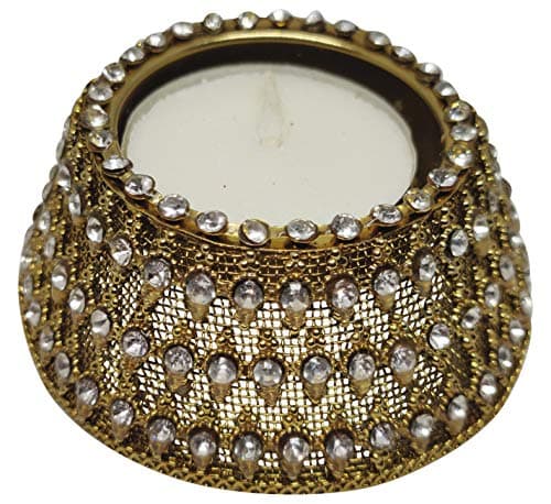 PRATIK HANDICRAFTS Handmade Decorative Antique Diya Set/Candle Holder Set with Tea Light Candles (7.5 cm x 7.5 cm x 3.75 cm, Bronze, Pack of 12)