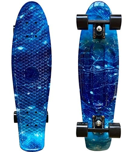 LMAI 27'' Cruiser Skateboard Graphic Series Galaxy Blue Starry Board On Black wheels