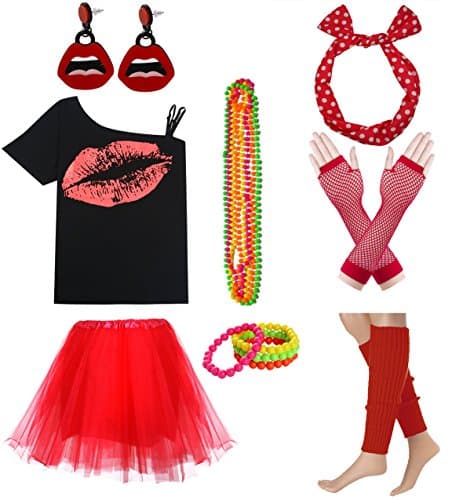 Fashion by Janestone Women Sexy Lips Off Shoulder Shirt with Color Tutu Skirt Complete Costume Outfit