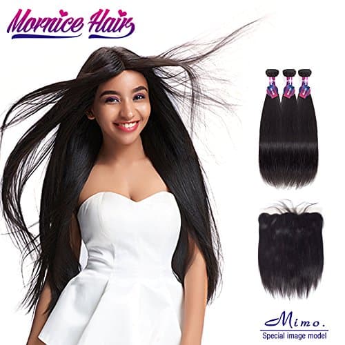 Mornice 10A Peruvian Straight Hair 3 Bundles With Frontal Closure 13x4 Ear To Ear Lace Frontal With Bundles Virgin Human Hair Extensions Natural Color (14 16 18 +12)