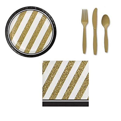 Black and Gold Tableware Kit for 16 Guests (16 Beverage Napkins, 16 Dessert Plates, 1 Set of Gold Cutlery)
