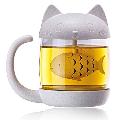 Tea Cup Mug Novelty Glass Teacup with Cute Cat Lid and Fish Tea Infuser, Strainer - By Top Flight Studio