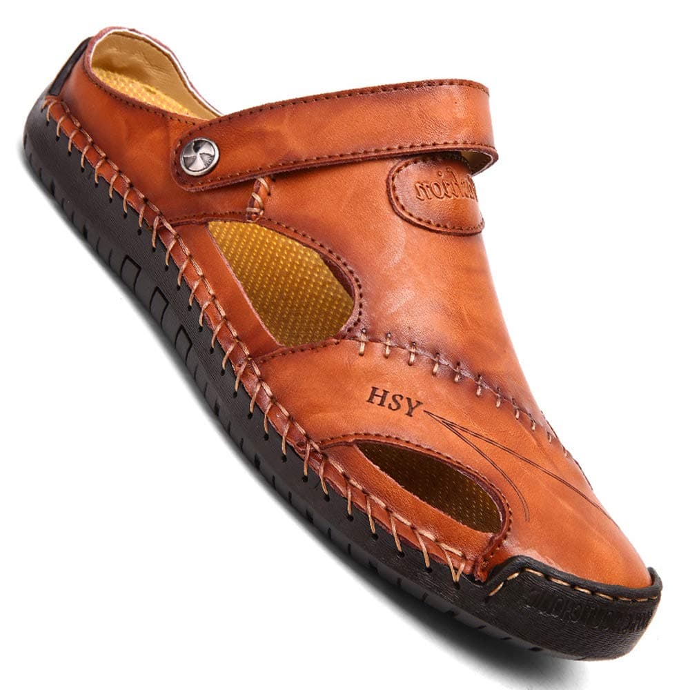 KINOWMens Casual Closed Toe Leather Sandals Outdoor Sports Beach Slippers Flat Shoes