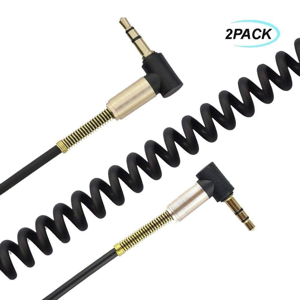 LiKuCo2Pack 3.5mm Coiled Audio Cable Cord, 90 Degree Double Right Angle AUX Cable with Steel Spring Relief for Headphones, iPods, iPhones, iPads, Home/Car Stereos and More (2Pack)
