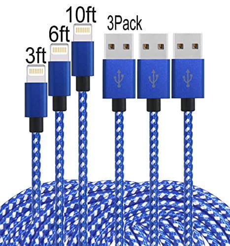 Frieso 3pcs 3FT 6FT 10FT Nylon Braided Charging Cable for iPhone 7, 7 plus, 6s 6 Plus 5s 5c 5,iPhone SE, iPad Pro, Air 2, iPad mini 4 3 2, iPod touch 5th gen / 6th gen / nano 7th gen (Blue white)