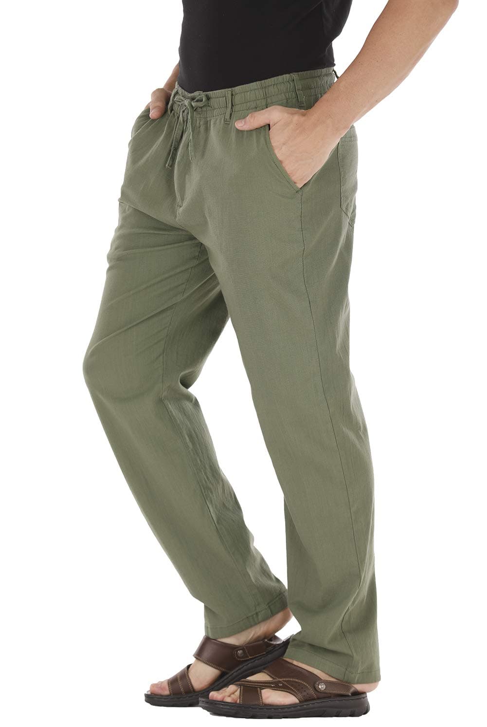 Durzasvo Men's Linen Casual Stretch Drawstring Pant Summer Lightweight Elestic Waist Beach Trousers