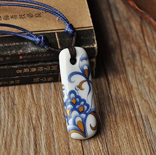 Libaraba Chinease Style Blue and White Porcelain Necklace Rectangular Ceramic Pendant Necklace