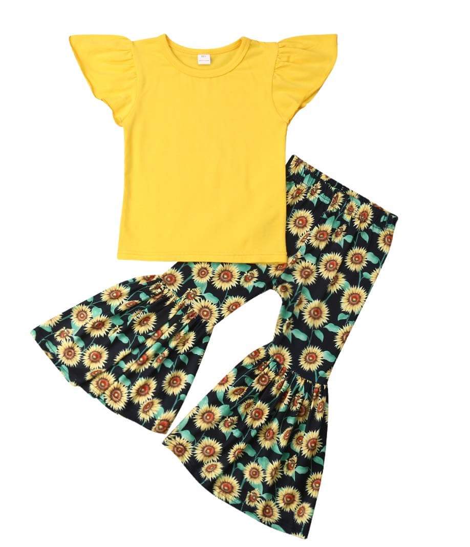 Toddler Kids Baby Girls Long Pants Sunflower Cotton Flare Leggings Bell Bottom Floral Trousers Outfit 1-5T
