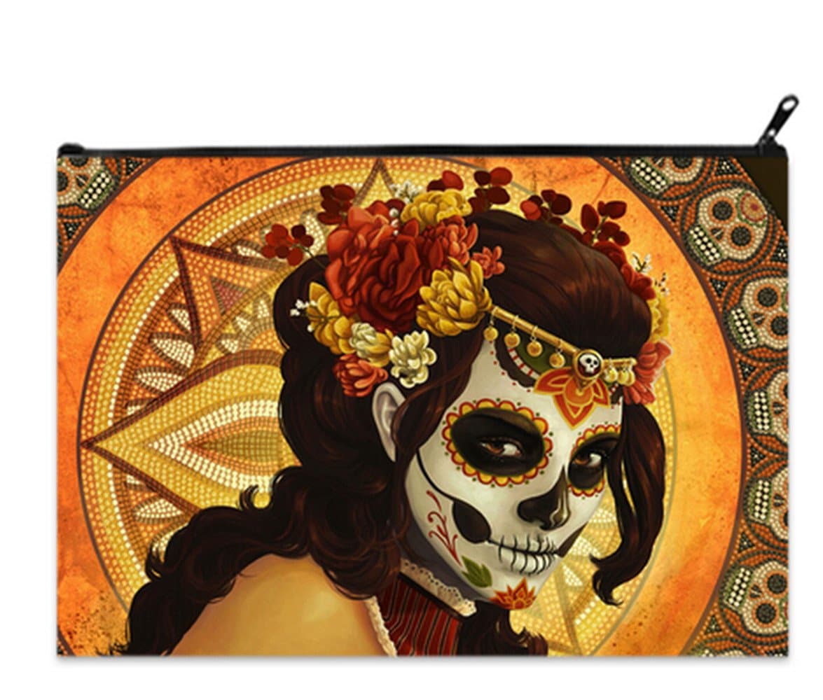 Female X-Large Size Cosmetic Makeup Bag Coin Purse Pouch Cash Bags With Day of the Dead Sugar Skull Girl Print X-Large Size