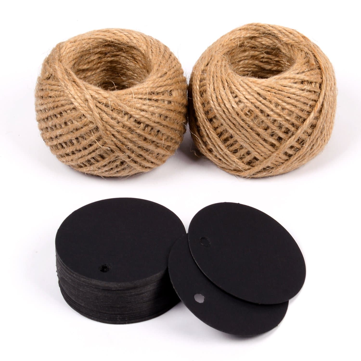 Oldhill Pack of 100 Blank Kraft Paper Round Gift Tags with 200 Feet Natural Jute Twine (Black)