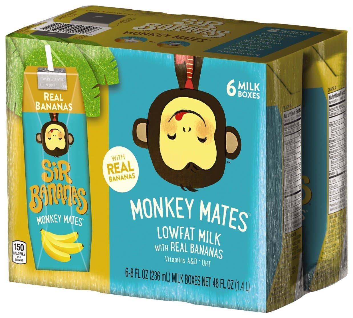Sir Bananas Monkey Mates, Bananamilk, 8 oz (6 ct), Low Fat Milk with Real Bananas in Individual, Single Serve Milk Box Cartons Ready to Drink, with 8 Grams of Protein