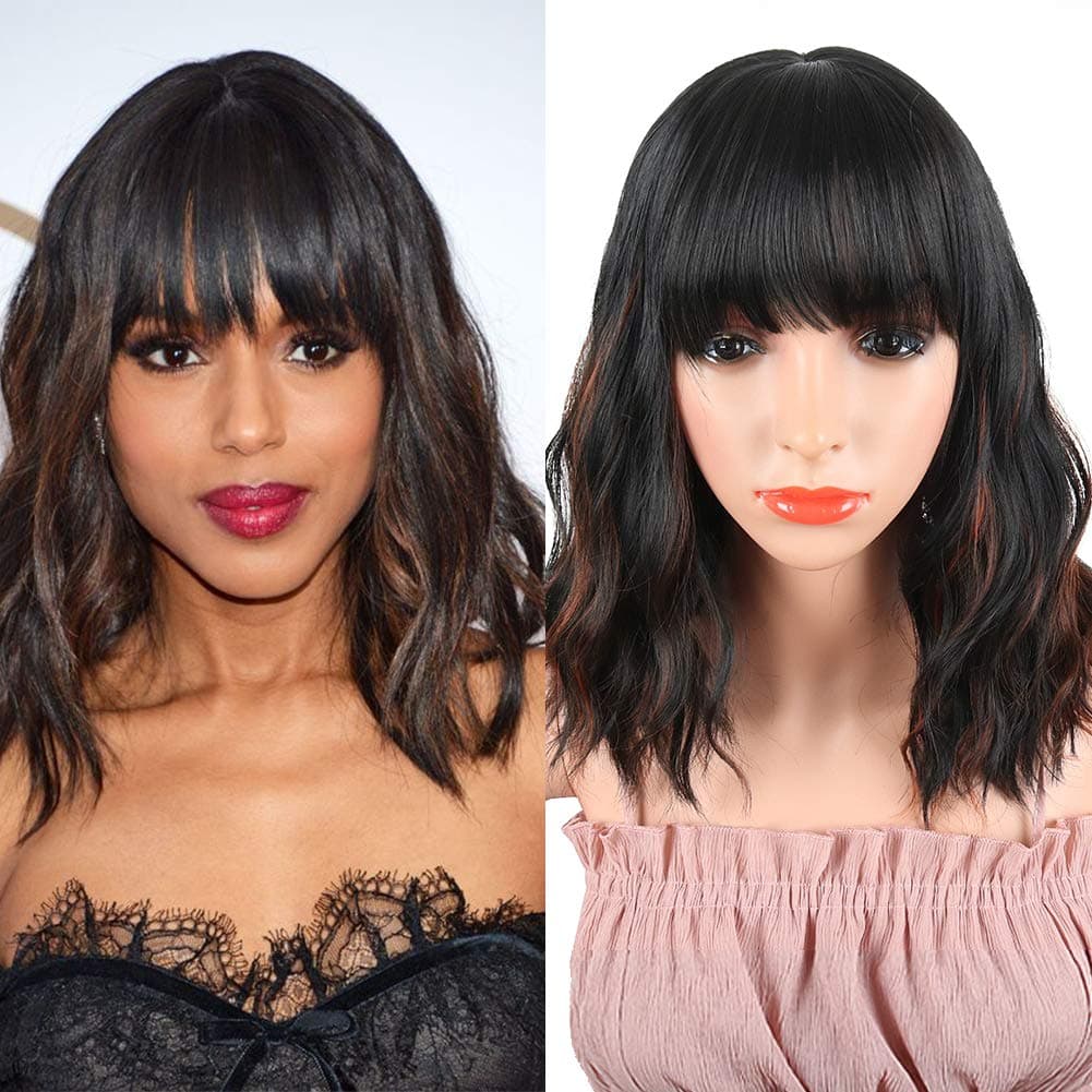 Synthetic Curly Bob Wig with Bangs for Black Women Medium Black Short Curly Wavy Wig Natural Heat Resistant Fiber Wavy Bob Cut Wigs Shoulder Length Wig Black Bob Wavy (Black Mix Brown)