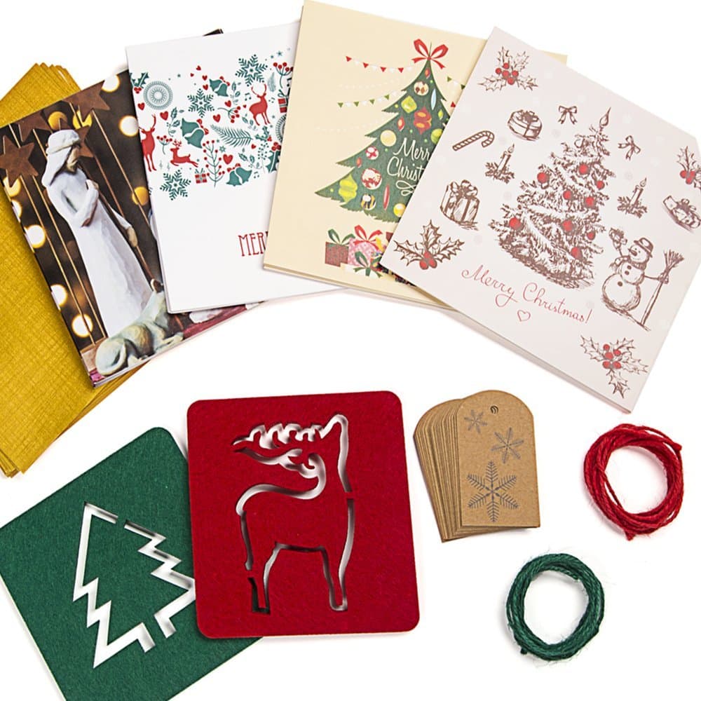 Christmas Set, 20 Cards, Gift Tags, Jute Twines, 2 Coasters/Painting Stencils, 20 Luxury Red Envelopes & 10 Bonus Golden Pouch