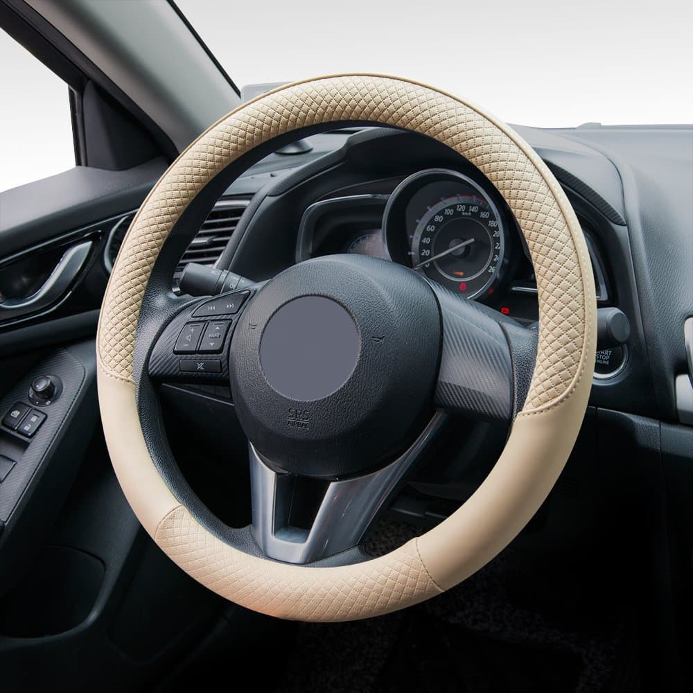 Steering Wheel Cover Durable Leather Breathable Anti-Slip Interior Car Protector 15 inch-38cm Auto Car Steering Wheel Cover Beige