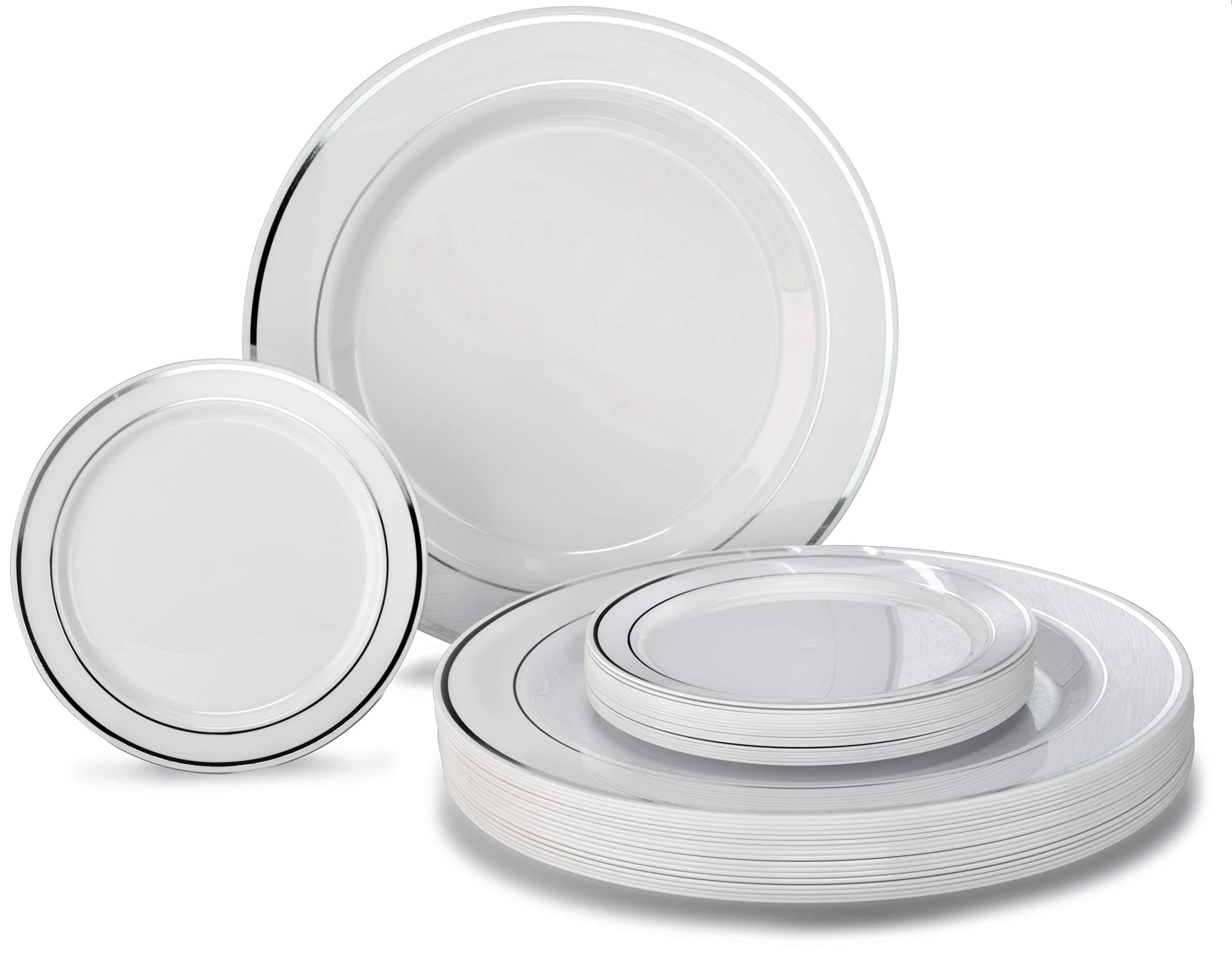 " OCCASIONS" 120 Plates Pack, Heavyweight Premium Disposable Plastic Plates Set 60 x 10.5'' Dinner + 60 x 6.25'' Dessert/Cake Plates (White & Silver Rim)