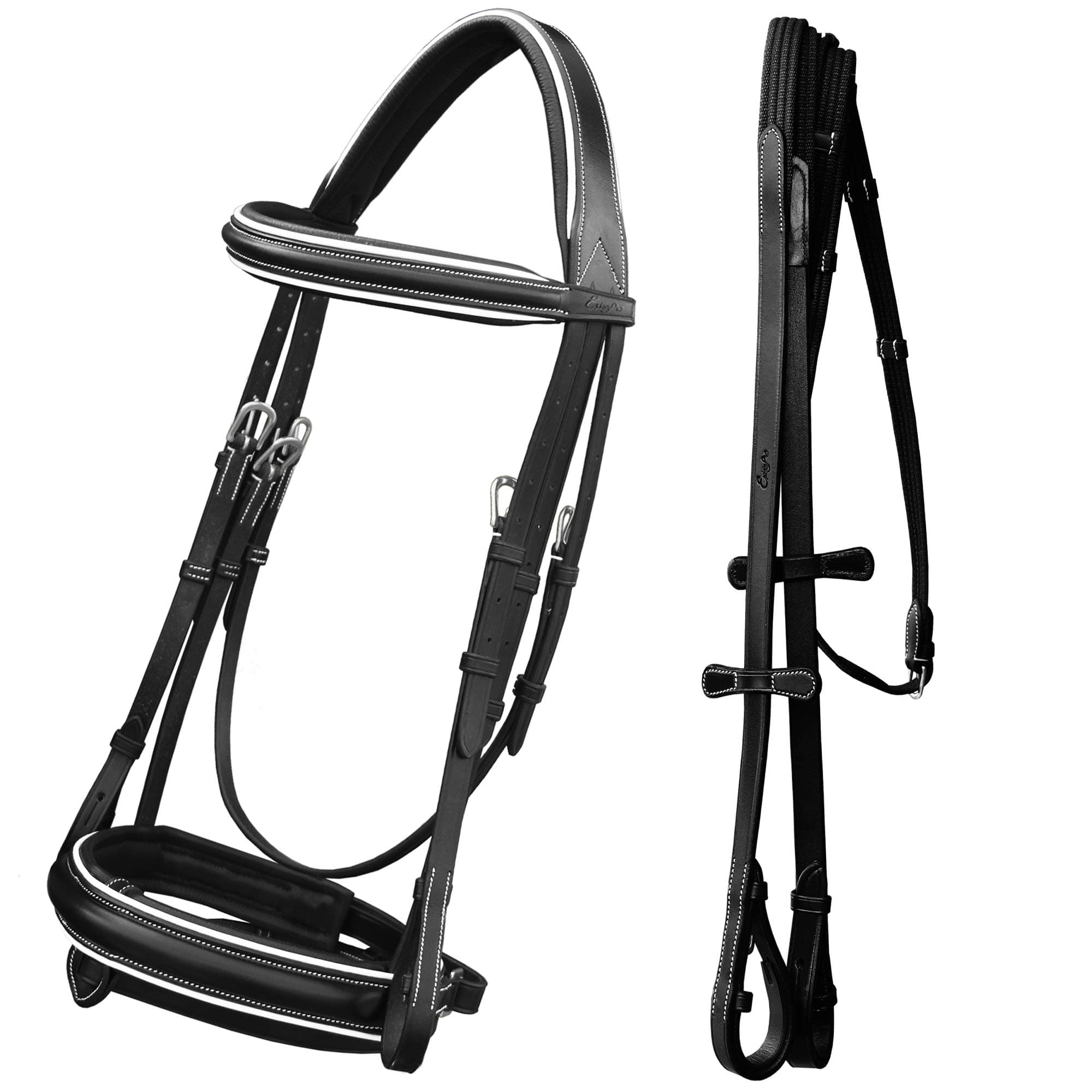 ExionPro Comfort Lined White Piping Mono Crownpiece Raised Browband & Broad Detachable Flash Crank Noseband Dressage Horse Bridle with Web Reins & Hand Stoppers | Dressage Bridles for Horses