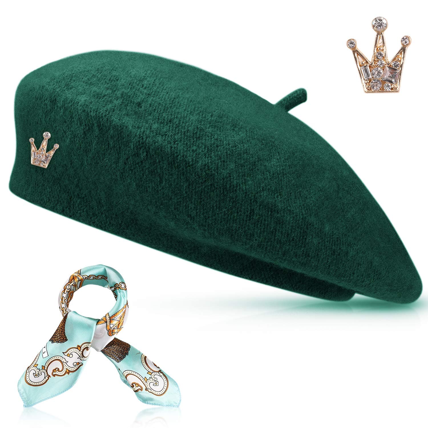 Jeicy Wool Beret Hat Solid Color French Beret with Skily Scarf and Brooch