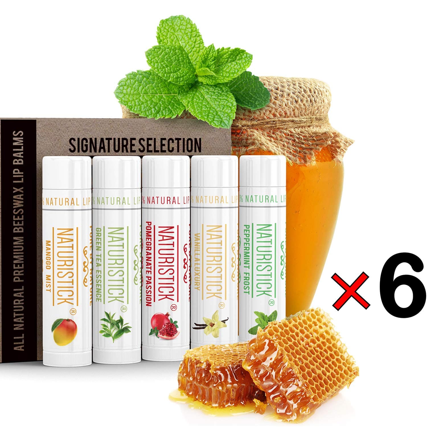 All-Natural Lip Balm Gift Set Multi-Pack by Naturistick. 6 Individual Gift Boxes (5 Sticks, 5 Flavors Each Box, 30 Sticks Total). Made in USA